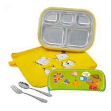 印花不鏽鋼便當盒+餐具組, 動物款, 便當盒+便當袋+湯匙+叉子+餐具盒