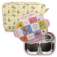 比得兔不鏽鋼餐盤便當盒組, 粉色, 餐盤+餐盤底墊+便當蓋+便當袋