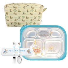 比得兔不鏽鋼餐盤便當盒+便當袋+湯匙叉子組, 藍色, 6種餐具