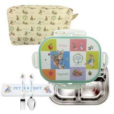피터래빗 잠금형 식판 도시락 + 주머니 + 스푼 포크 세트, 올리브, 식기 6종, 1개