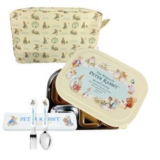피터래빗 밀폐형 식판 도시락 3309 + 주머니 + 스푼 포크 세트, 도시락(아이보리), 주머니(혼합색상), 스푼포크(흰색), 식기 6종, 1개