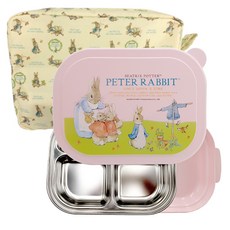 피터래빗 밀폐형 기능성 안전 분리형 스텐 식판 도시락 + 주머니 세트, 핑크, 식판 + 밑판 + 뚜껑 + 주머니, 1개