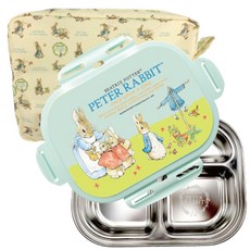 比得兔卡扣式分格餐盤+便當袋, 薄荷綠, 餐盤+便當蓋+便當袋