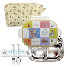피터래빗 잠금형 식판 도시락 + 주머니 + 스푼 포크 세트, 아이보리, 식기 6종, 1개