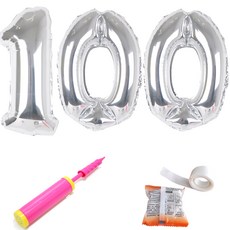 PARTYSHOW 100天數字銀箔氣球 大 + 點膠 + 手動打氣筒套組, 銀色, 1套