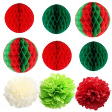 파티 장식 꽃볼 + 허니콤볼 세트 9p, 레드라임그린