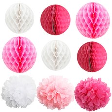 파티 장식 꽃볼 + 허니콤볼 세트 9p, 핑크화이트