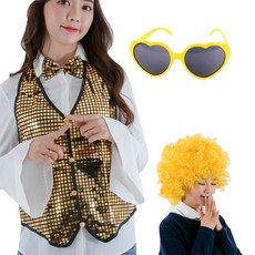 파티쇼 노래방아이템 조끼 L + 가발 + 하트안경 세트, 골드, 1개