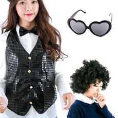 卡拉OK項目背心L+假髮+心形眼鏡套裝, 黑色