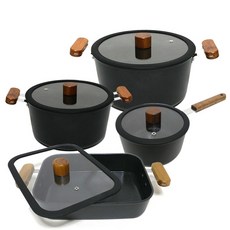 Kitchen-Art FORT 玻璃鍋蓋木柄握把陶瓷不沾鍋具 4件組, 混色, 單柄鍋18cm+雙耳鍋20cm+雙耳鍋24cm+方形燉鍋