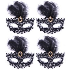 LivingDA 威尼斯蕾絲羽毛半臉面具 4入, 黑色, 4個