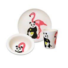 zuperzozial 印花孩童餐具組, 紅鶴款, 杯子+盤子+碗