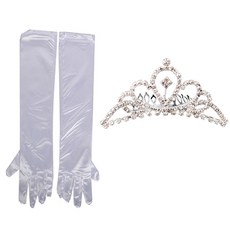 派對絲綢手套 45cm+鑽石皇冠 M號+L號, 白色, 銀色, 1套