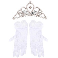派對蕾絲手套+鑽石皇冠 M號+L號, 白色, 銀色, 1套