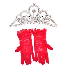 派對蕾絲手套+鑽石皇冠 M號+L號, 紅色, 銀色, 1套