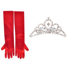 派對絲綢手套 45cm+鑽石皇冠 M號+L號, 紅色, 銀色, 1套