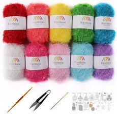 MAMAKNIT 彩虹毛線球菜瓜布A款DIY 10入組, 白色+黃色+淺粉紅色+淺薄荷綠+蜜桃粉+淺紫色+深粉紅色+鈷藍色+淺綠色+紅色, 1組