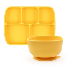 2deco 矽膠吸盤碗+吸盤分格餐盤, 黃色, 餐盤+止滑碗