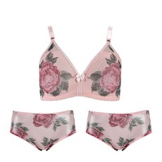 Lovelyon 玫瑰花朵網紗無鋼圈透氣內衣 + 內褲 2件組 EJ1