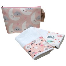 印花毛巾袋+孩童印花毛巾 2入, 化妝包(月亮星星款 M)+毛巾(森林款+綿羊款 粉色), 1組