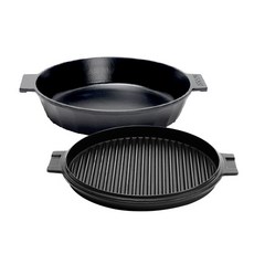 MOOSSE IH電磁爐適用鑄鐵鍋具2件組, 黑色, 雙耳平底鍋 26cm+燒烤盤 26cm