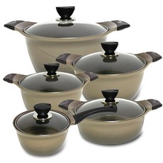 QUEEN SENSE 陶瓷雙耳鍋5入組, 18cm單柄鍋*1入+20cm雙耳湯鍋*1入+24cm雙耳湯鍋*1入+24cm火鍋湯鍋*1入+28cm大湯鍋*1入, 米色