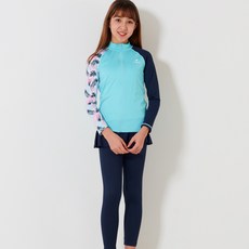 ELINBOA 女童拉鍊式防曬泳衣 + 水上運動褲裙套組, 拉鍊上衣(夏威夷薄荷綠), 裙子(海軍藍)