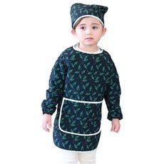 bebe chouette 孩童印花防水長袖美術圍裙+頭巾, 深綠色(小草款)