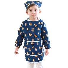 bebe chouette 孩童印花防水長袖美術圍裙+頭巾, 藍色(柴犬款)