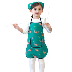 bebe chouette 孩童印花防水圍裙+頭巾+伸縮扣 2入, 綠色(恐龍款)