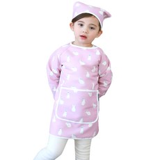 bebe chouette 孩童印花防水長袖美術圍裙+頭巾, 粉色(兔子款)