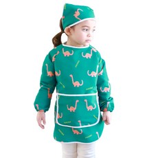bebe chouette 孩童印花防水長袖美術圍裙+頭巾, 綠色(恐龍款)