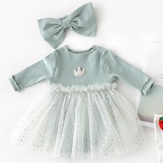 JOY MULTI 女童皇冠羅紋蓬蓬連身裙+蝴蝶結髮帶