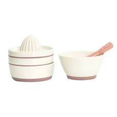 BLUE MAMA 瓷器食物炊具盤+手動榨汁機+托盤+杵臼+磨棒組, 粉色