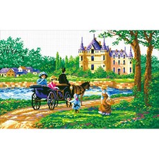 JoyJasu 11CT 十字繡印花材料包套組 130002 馬車風景, 1套, 混合色