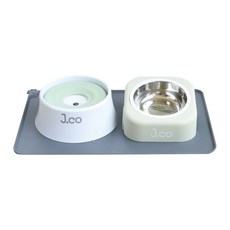 제이코 강아지 식기 3종 세트, 1세트, 식기(그린), 매트(그레이)