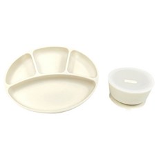 BLUE MAMA 矽膠吸盤餐盤餐碗組 2入, 奶油白, 餐盤+止滑碗