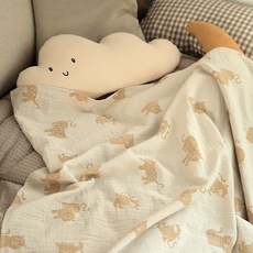 DECOVIEW 歐洲叢林動物印花雙層棉紗毯, 黃色 象牙白