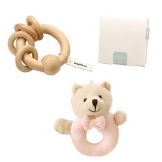 Baby Bakery 小熊造型搖鈴+木搖鈴組, 粉色