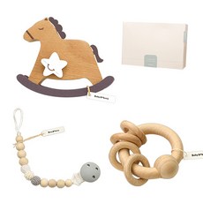嬰兒麵包店木馬音樂盒和木撥浪鼓 3 件套, 米色