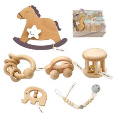 嬰兒麵包店木馬音樂盒和木撥浪鼓 6 件套, 米色