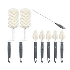 lieto C款奶瓶清洗組 旋轉奶瓶刷 2入+奶嘴刷 5入+吸管刷, 1組, 灰色