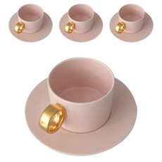 ssueim 金色把手咖啡杯 4入+盤子 4入, 舒適的粉紅色, 1套