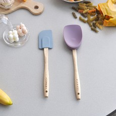 키친유 우드 핸들 실리콘 볶음스푼 대 + 주걱 소 2종 세트, 혼합색상, 1개