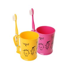 加寬雙人牙刷杯2p+牙刷2p套組粉色+黃色3-5歲, 1組