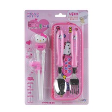 RAON Hello Kitty立體造型學習筷+湯匙+叉子+餐具袋, 混色, 1組
