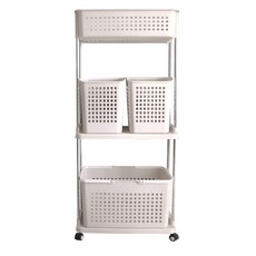 移動式收納型雙寬3層洗衣籃 A MW-DW03A, 米色, 1個