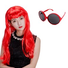 長假髮 + 圓框眼鏡, 紅色(假髮), 紅色(眼鏡)