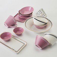 La Ciette Elina Gold Line 家用餐具套組 2 件 14 件, 蘭花粉+白, 空氣 2 種 + 碗 2 種 + 馬克杯 2 種 + 冷 2p + 圓盤小 + 方盤小 + 矩形盤 + 醬球 2p + 意大利面球