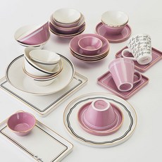 라씨에뜨 엘리나 골드라인 6인 홈 식기 세트 31p, 오키드 핑크 + 화이트, 공기 3p x  2종 + 대접 3p x 2종 + 머그 2종 + 찬기 6p + 원형접시 소 2p + 대 + 사각접시 소 2p + 대 + 직사각접시 + 소스볼 + 파스타볼 2p